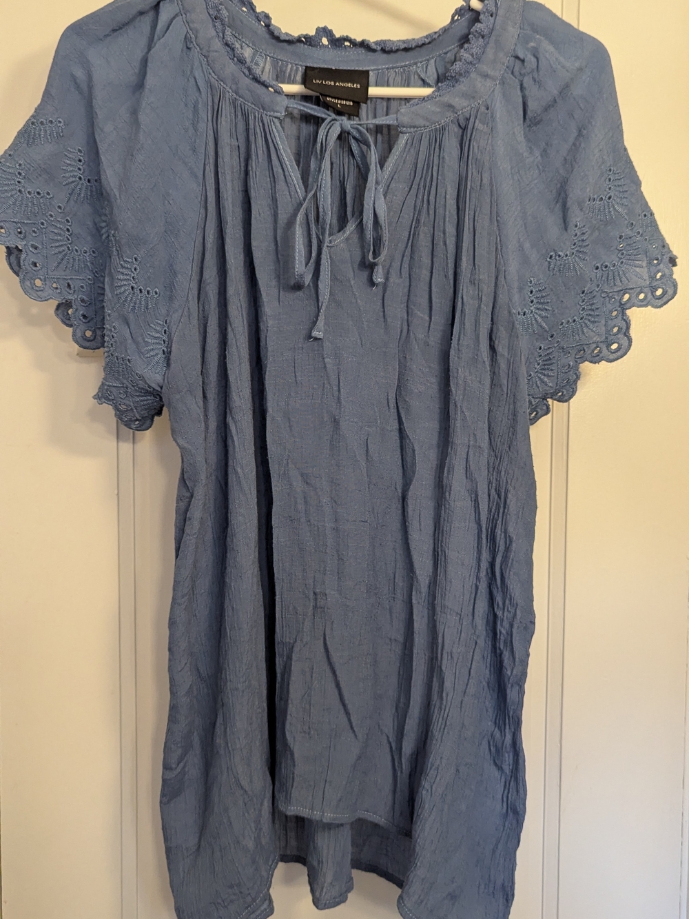 Wedgewood Blue Peasant Blouse With Short Sleeves With Eyelet Detailing